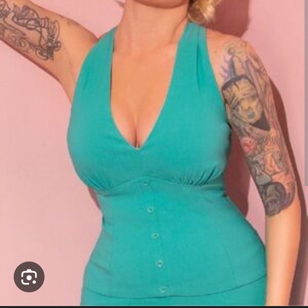 Vixen By Micheline Pitt Teal Halter Top